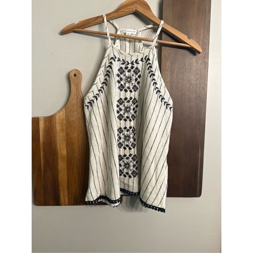 Coco + Jaimeson White Navy Blue Striped Sleeveless Embroidered Tank Top Size XS